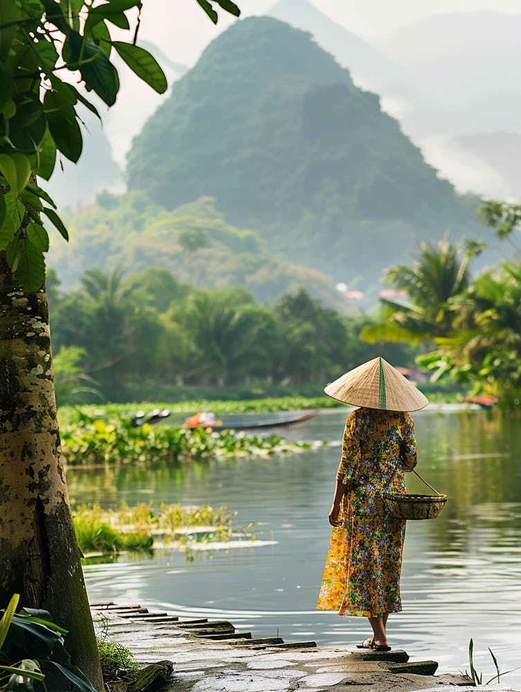 Woman Walks Along A River