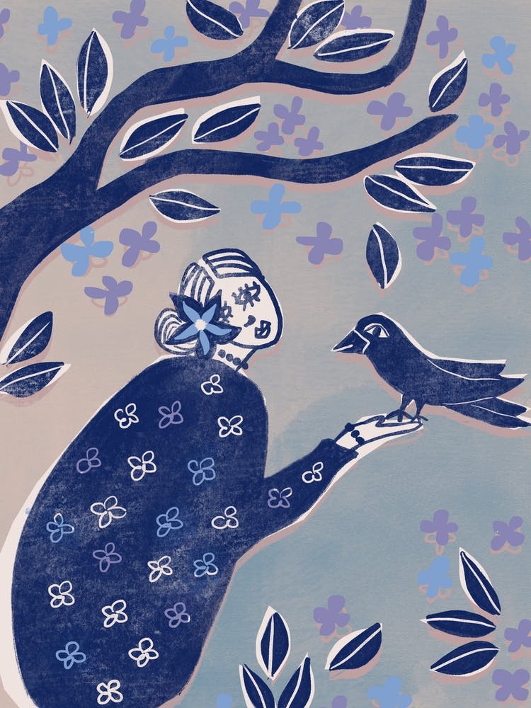 Lady In Blue With Bird