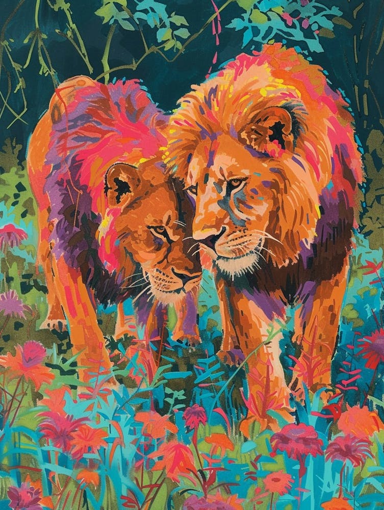 Asiatic Lion Mating Rituals Fauvist Painting 3