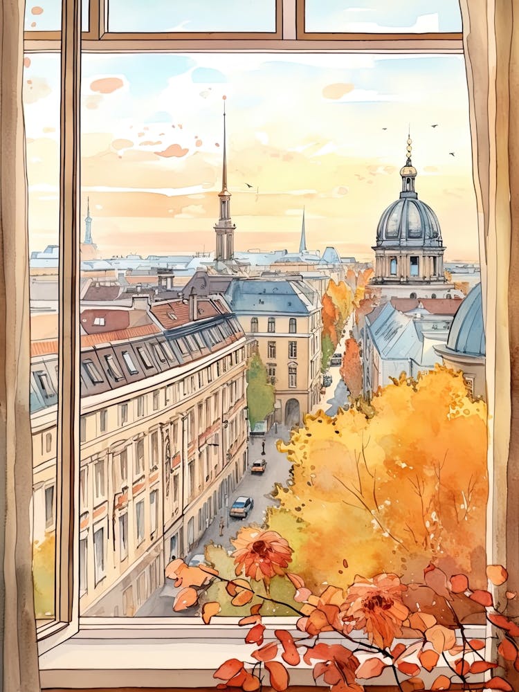 Fensterblick auf Berlin Deutschland im Herbst, Aquarell 3
