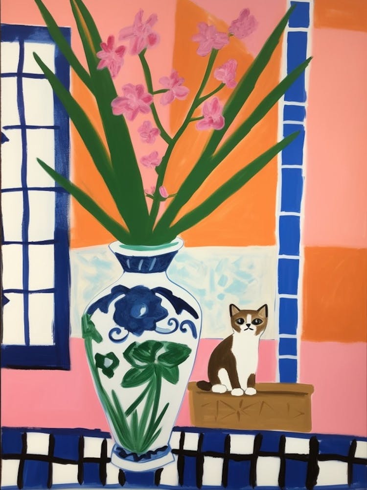 Ein Gemälde eines Stilllebens einer Gladiole mit einer Katze im Stil von Matisse 1
