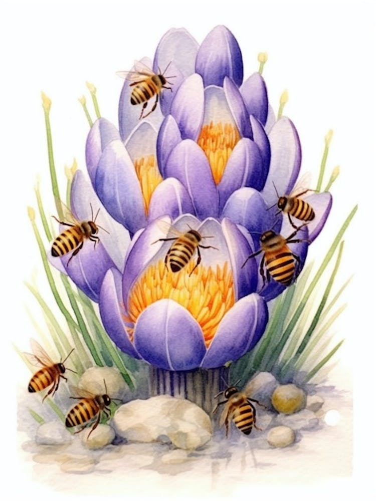 Beehive With Crocus Flower Watercolour Illustration 2