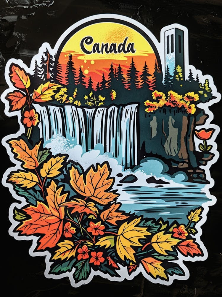 A Sticker With The Words Canada Above The Niagara Falls , In The Style Of Prudence Heward, Petros Afshar, Traditional Animation, Graffiti, Studyplace, Black Background