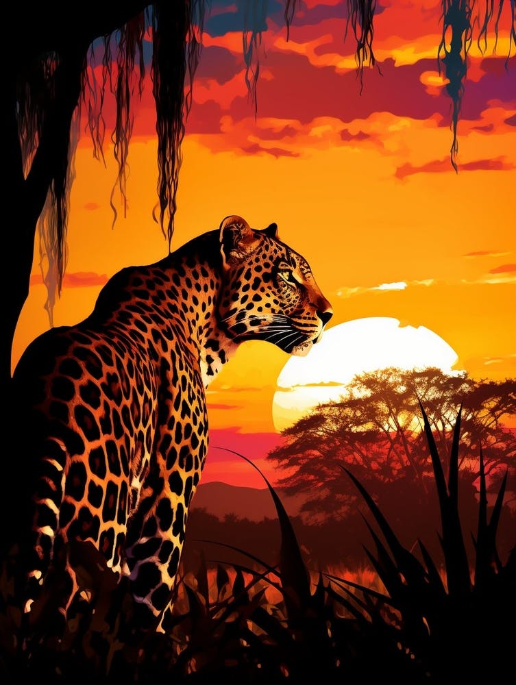 African Leopard Sunset Silhouette Painting 1