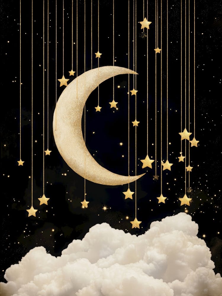 dreamy celestial painting of a Golden crescent moon with hanging stars in black and gold – surreal fantasy art perfect for nursery, moody interiors, elegant luxe decor