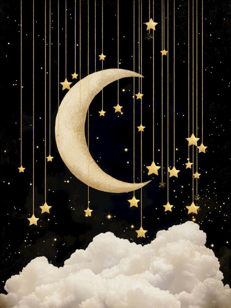 dreamy celestial painting of a Golden crescent moon with hanging stars in black and gold – surreal fantasy art perfect for nursery, moody interiors, elegant luxe decor