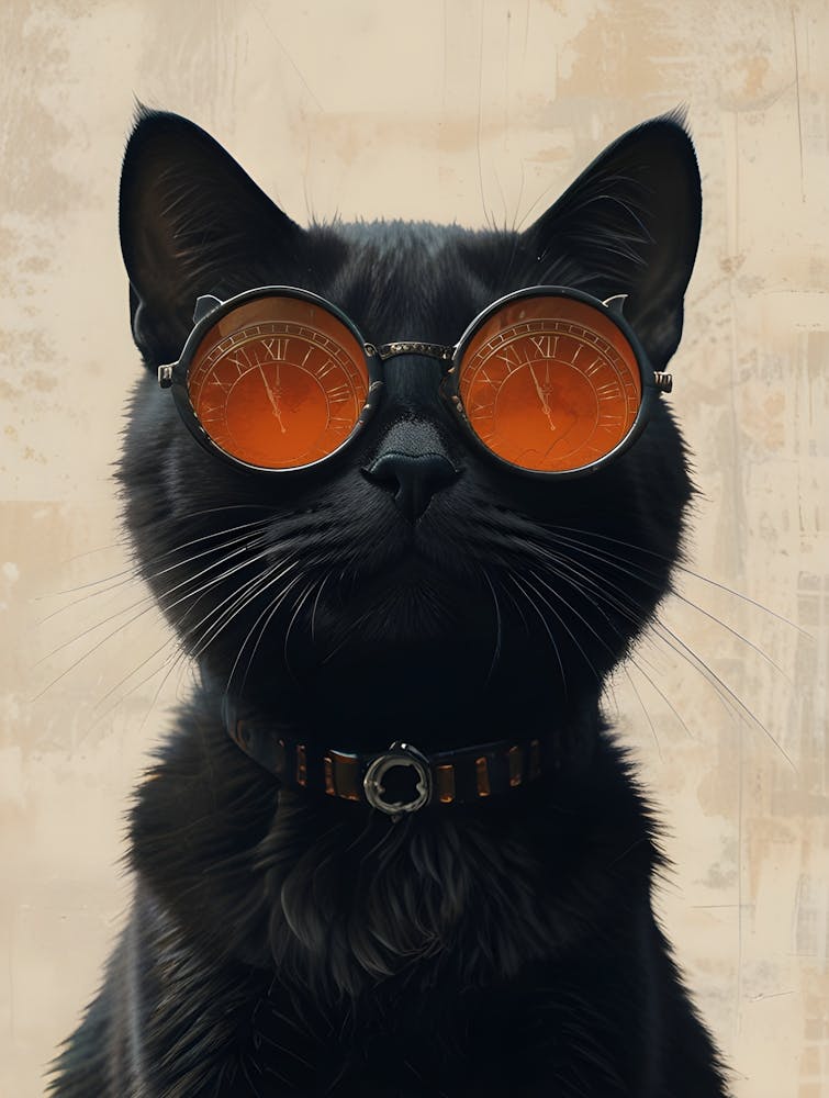 A striking illustration of a black cat wearing stylish round sunglasses with orange-tinted lenses that feature clock faces, exuding a confident and playful demeanor.