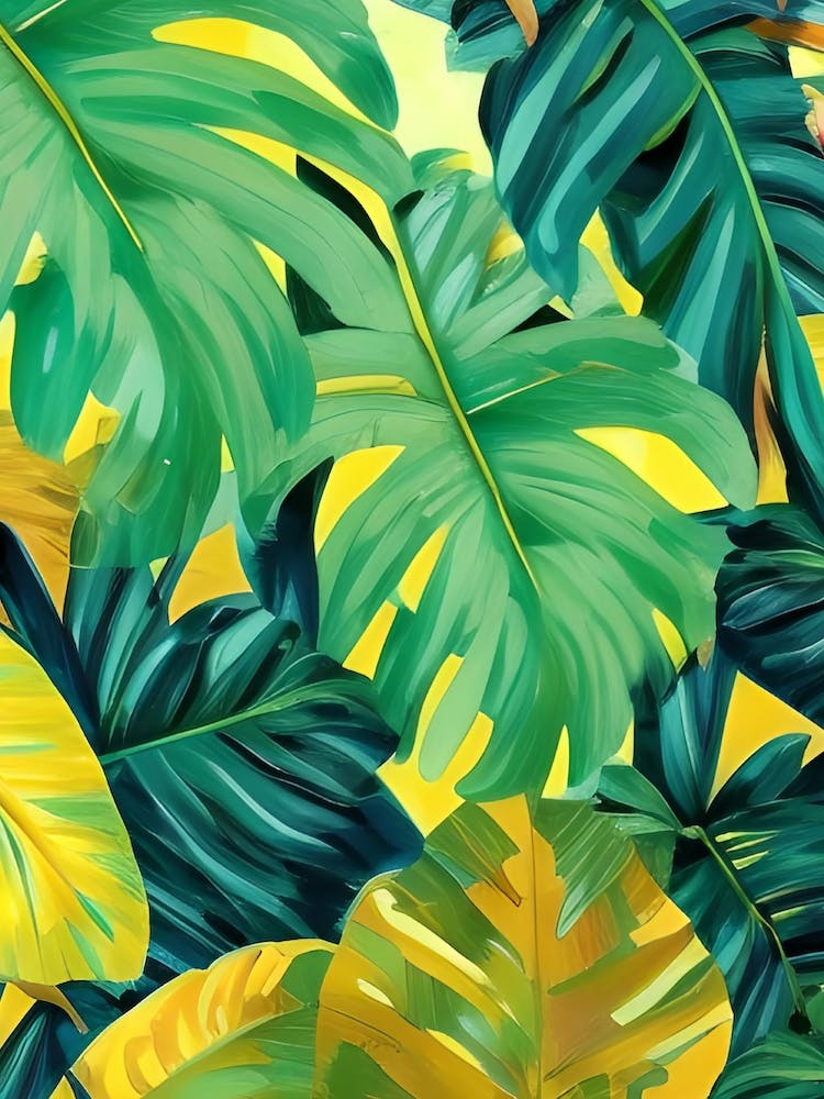 Yellow Jungle Oil Paints Leaves Cheese Wedge Plants Botanical Foliage Palm Trees