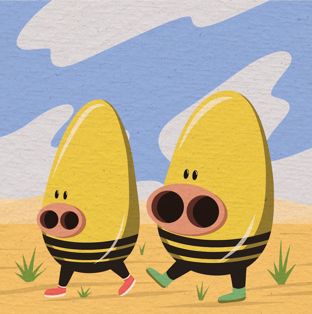 Bee pigs in the desert, creatures, cute, characters, children's illustration, wall art