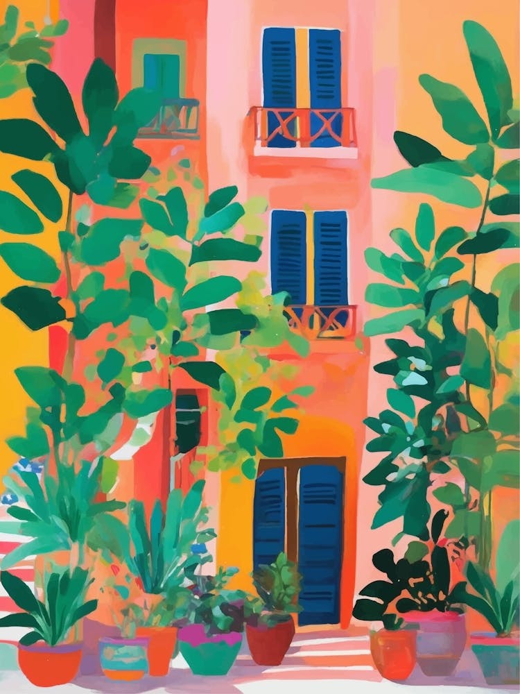 Pink House On The Hill with plants