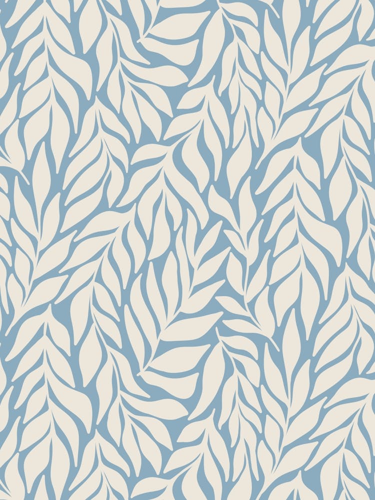 Flowing Abstract Branches of Leaves - Light Denim Blue and White