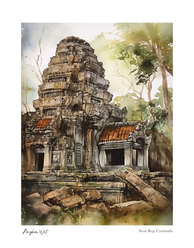 Angkor Wat Cambodia 2 Watercolour Travel Poster