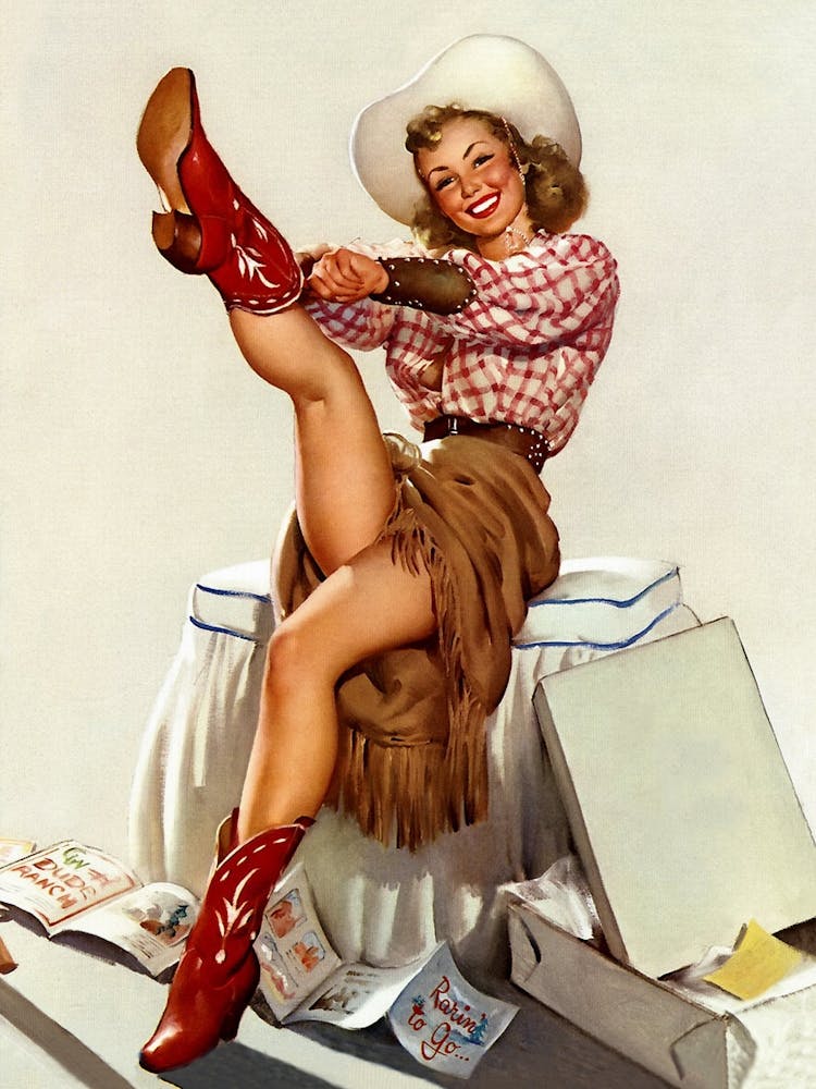 Cowgirl Trying on Boots, Vintage, Retro Western Aesthetic