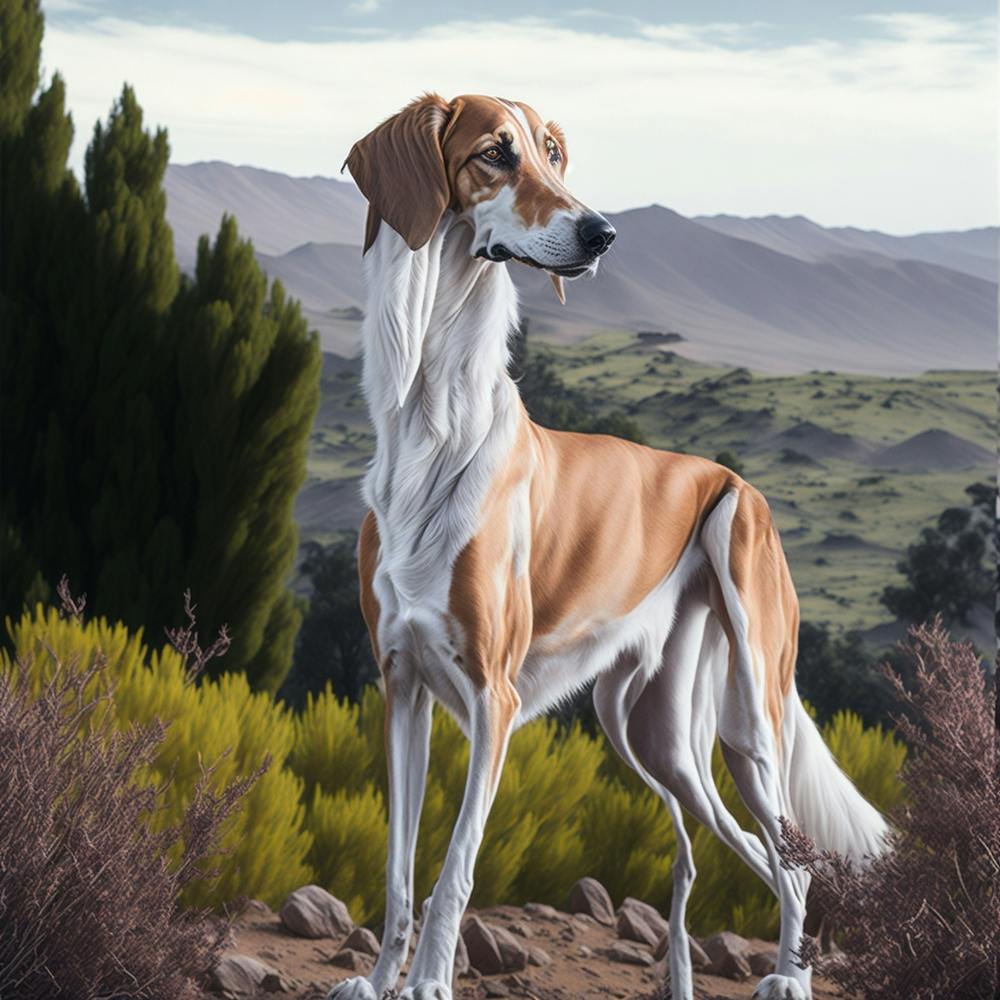 An artistic drawing of a purebred Arabian Saluki dog in a picturesque nature