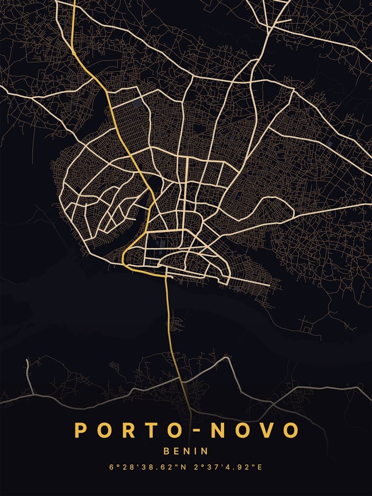 Porto Novo Benin Black And Gold Map