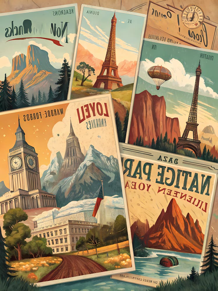 Oil Painting Style Vintage Travel Poster Collection Parisian & London Landmarks