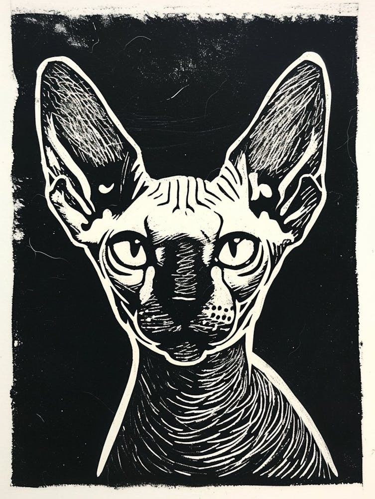 Sphynx Cat Linocut Blockprint 3