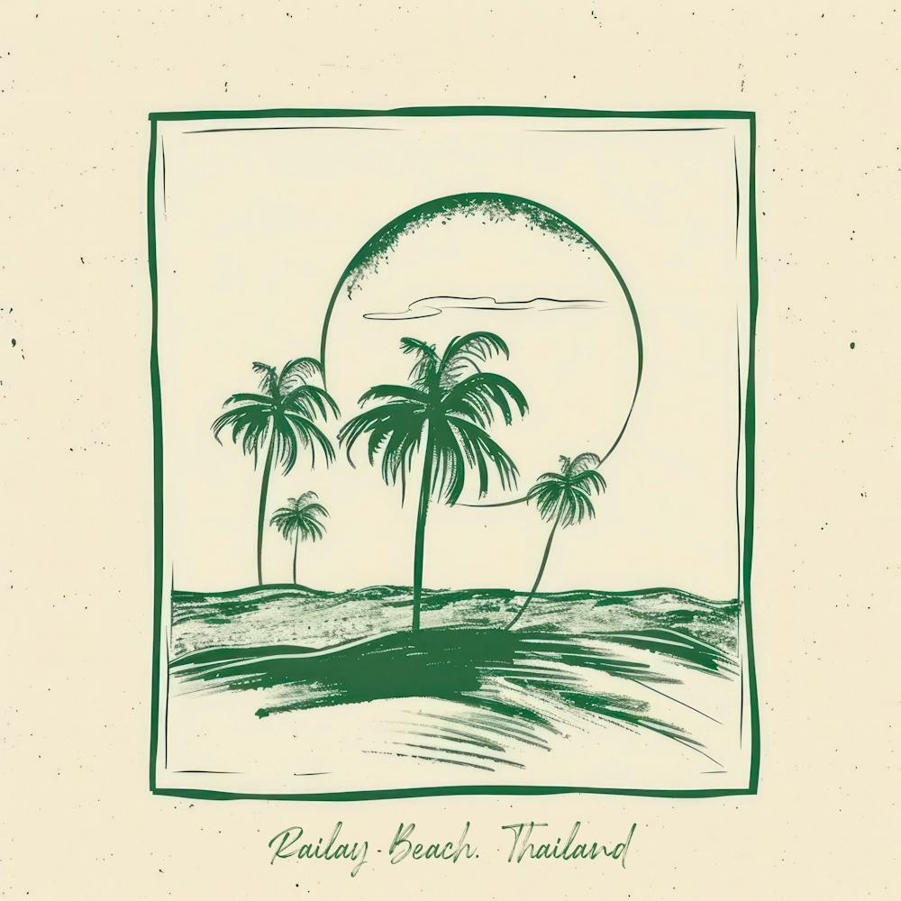 Railay Beach, Thailand Green Line Art Illustration