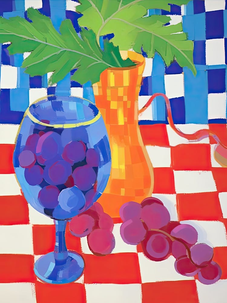 Grapes On Checkered Table, Colourful Tones, Frenchch Riviera In Matisse Style 1