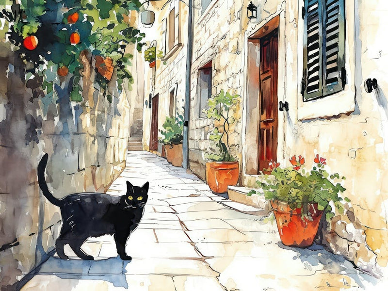 Dubrovnik, Croatia   Cat In Street Art Watercolour Painting 1