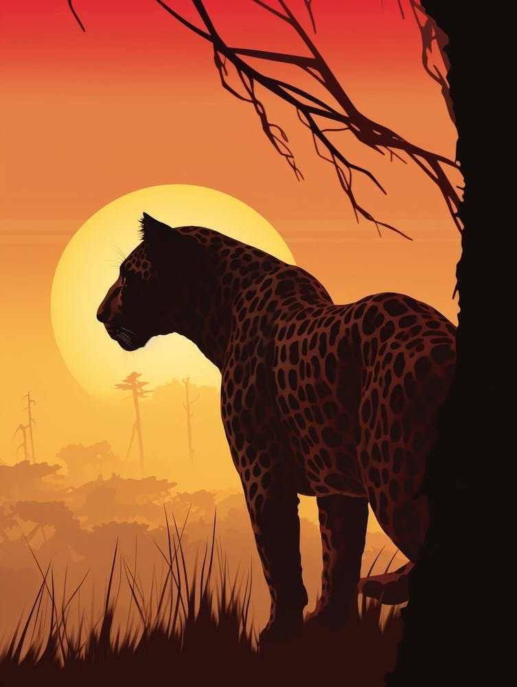 African Leopard Sunset Silhouette Painting 4
