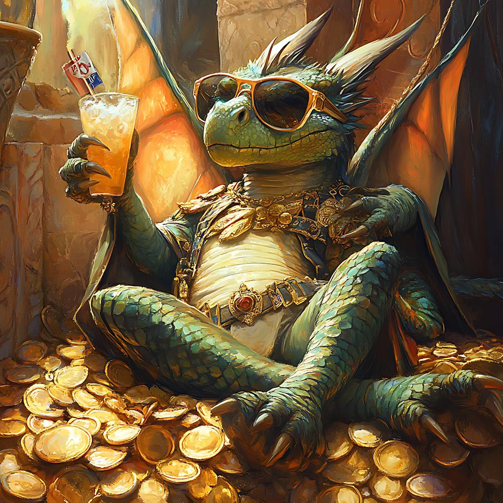 Cool Dragon Lounging on Gold Background