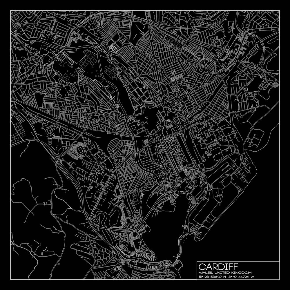 Cardiff Wales city map white on black blueprint design