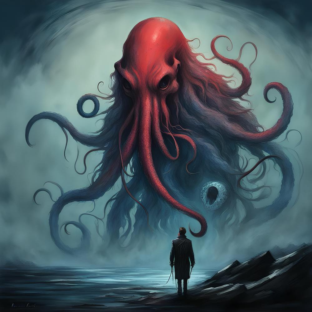 Ein Lovecraftsches Monster mit Tintenfischkopf und menschlich skaliert