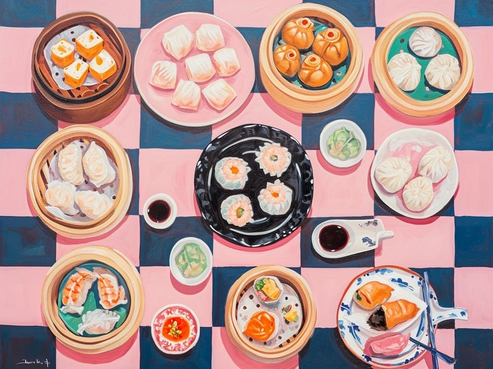 Dim Sum & Sushi Selection Pink Checkerboard 2