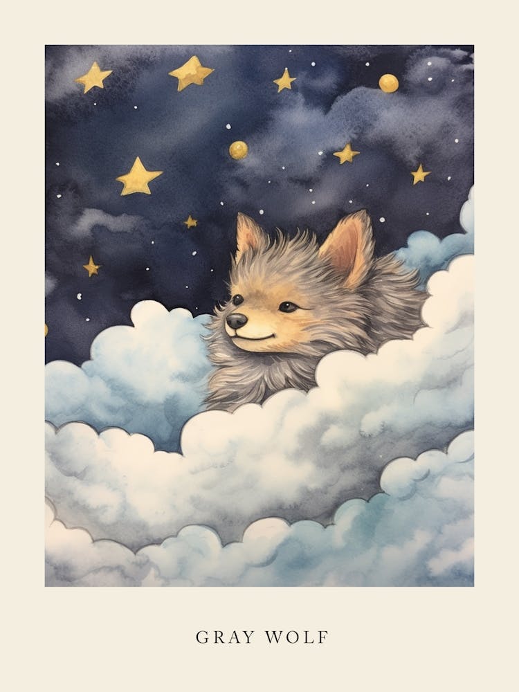 Baby Gray Wolf 1 Sleeping In The Clouds Nursery Poster