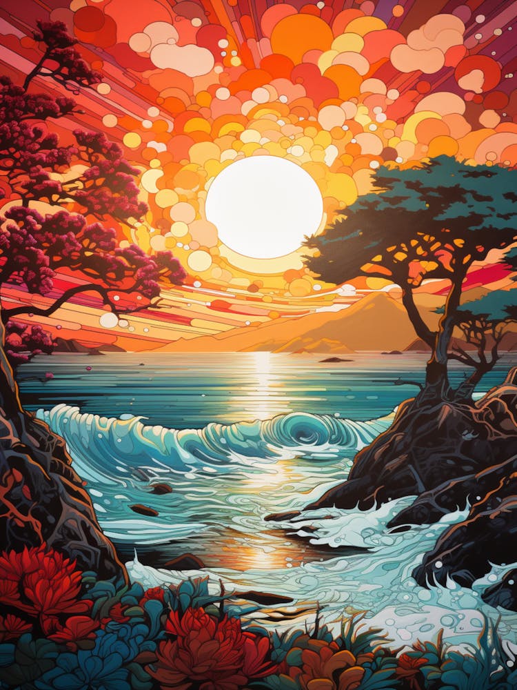 Coral Beach Australia At Sunset, Vibrant Painting 12