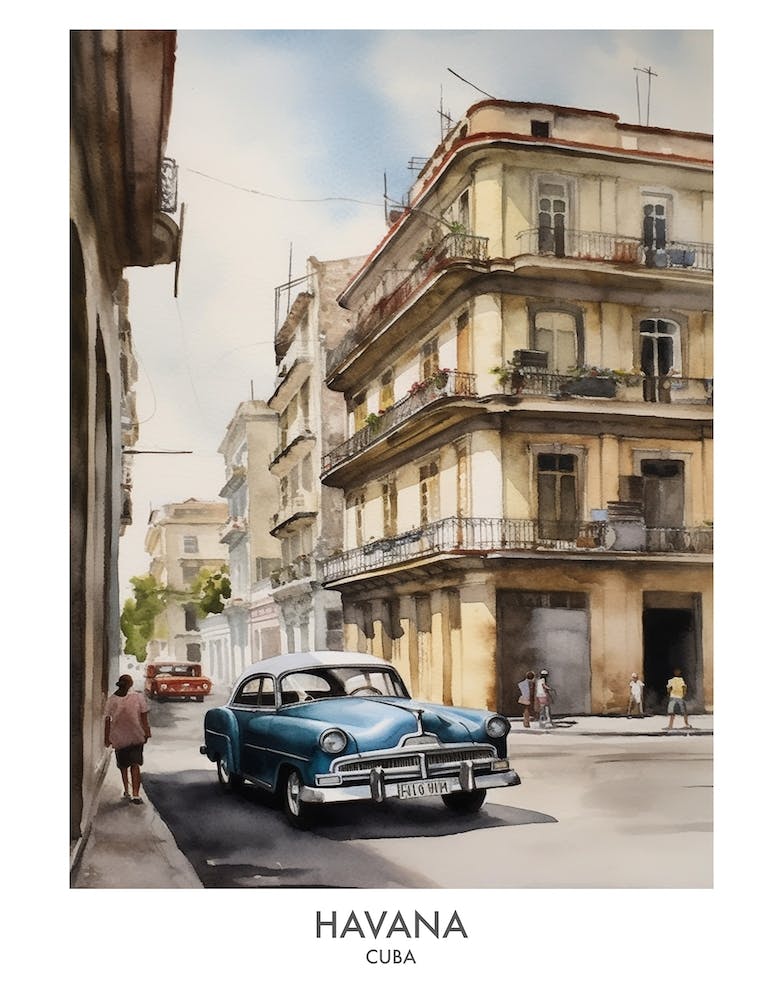 Havana 3 Watercolour Travel Poster