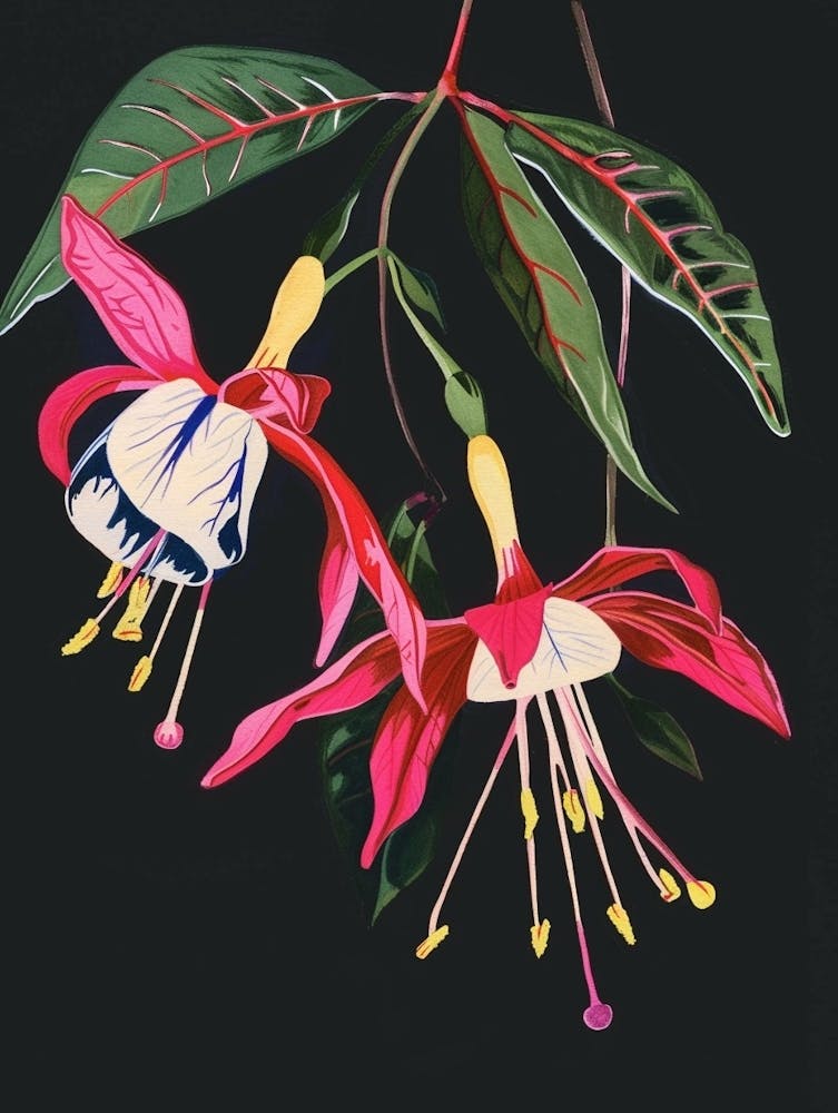 Neon Flowers On Black Fuchsia 1