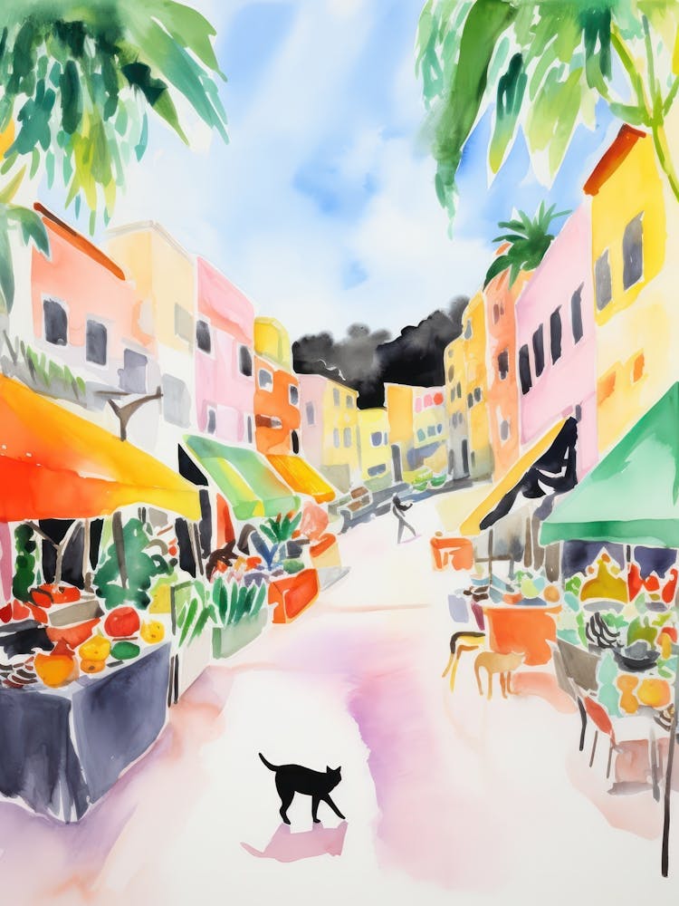 Food Market With Cats In Malibu 3 Watercolour