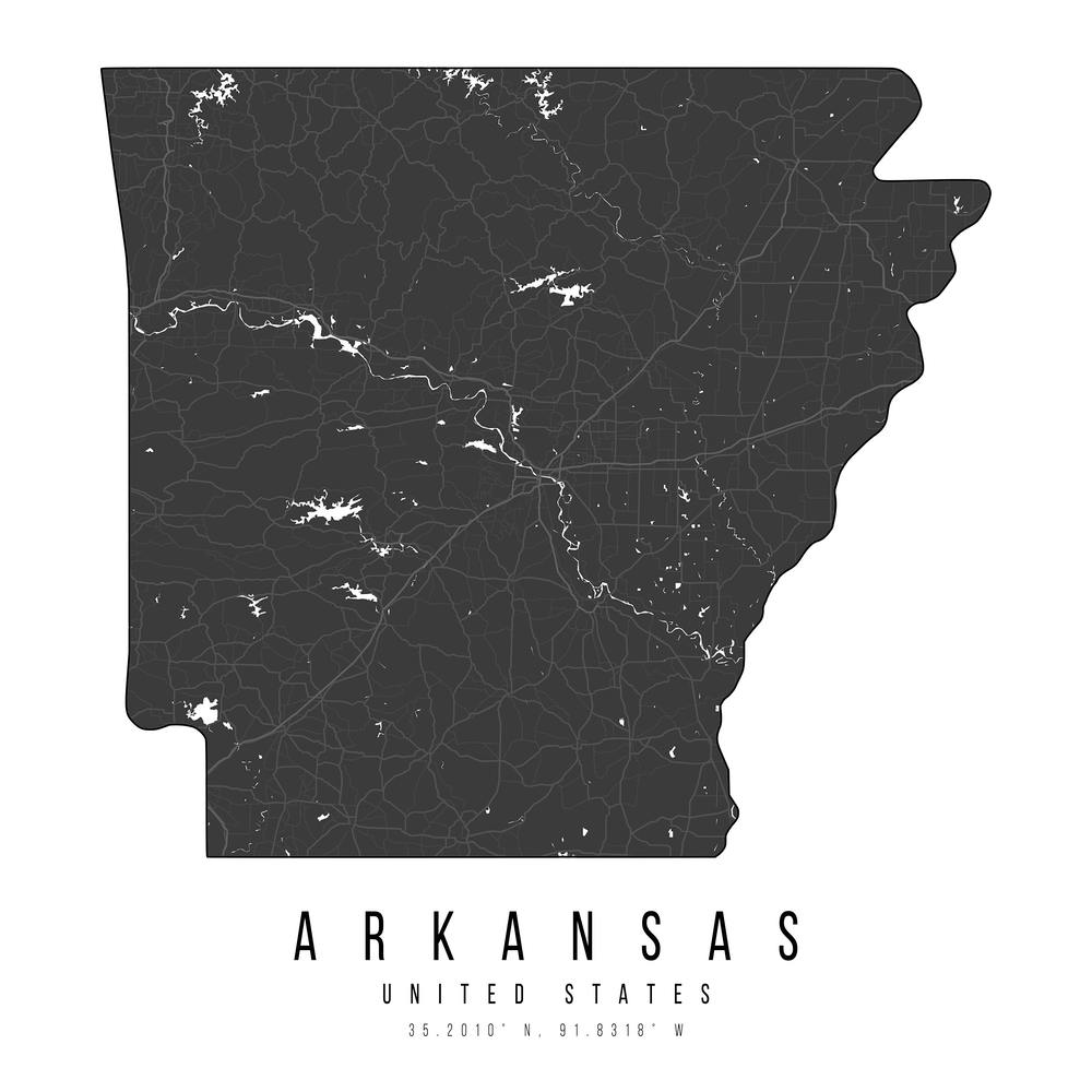 Arkansas Carte des Rues Moderne Minimale Monochrome Noir et Blanc Carré