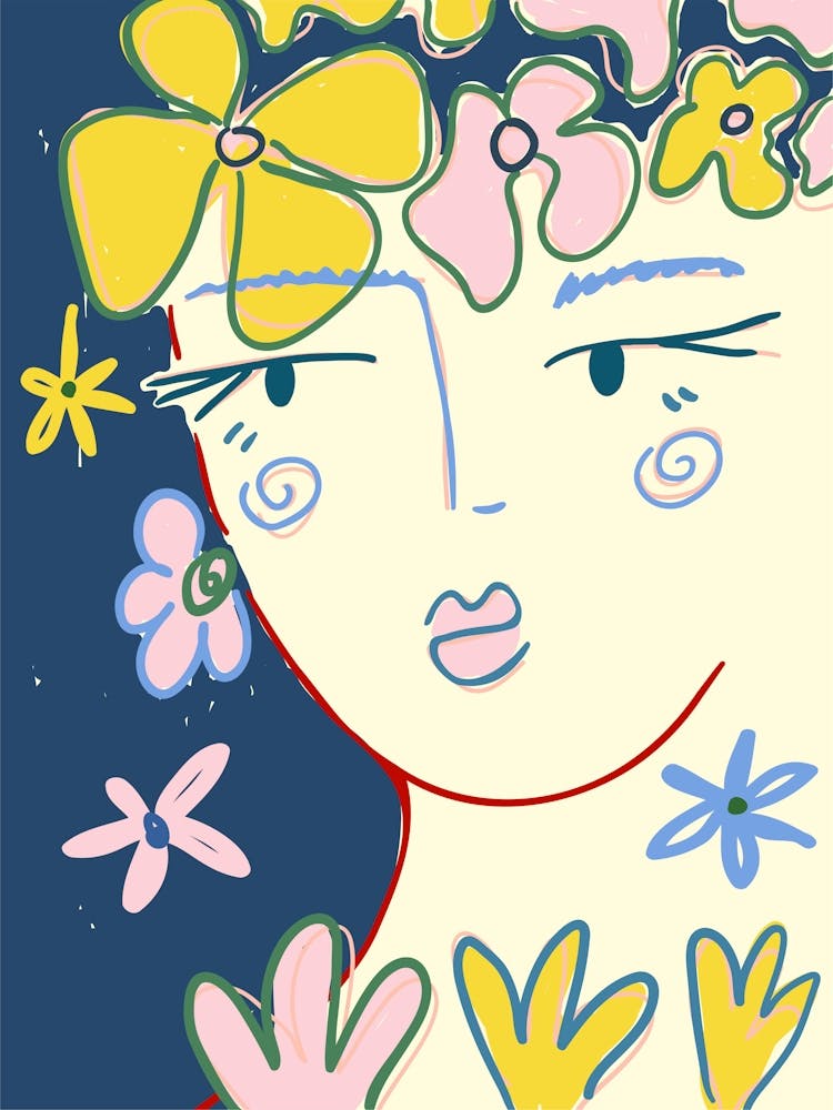 Blumenmädchen, Abstrakte Frauenkunst, Retro-Druck, Florale Kunst, Surreal