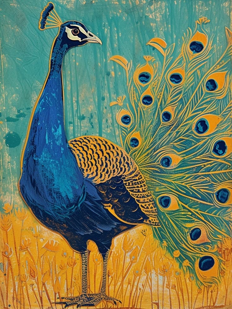 Blue Mustard Peacock In The Grass Linocut Inspired 3