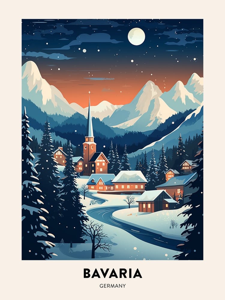 Winter Night  Travel Poster Bavaria Germany