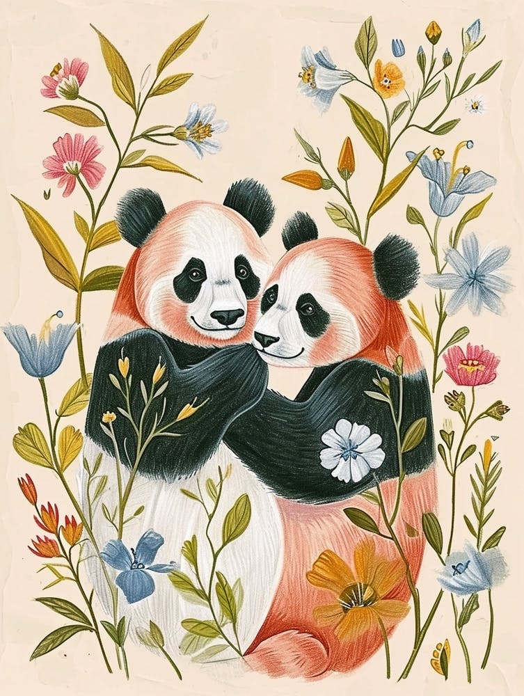 Folksy Floral Animal Drawing Panda