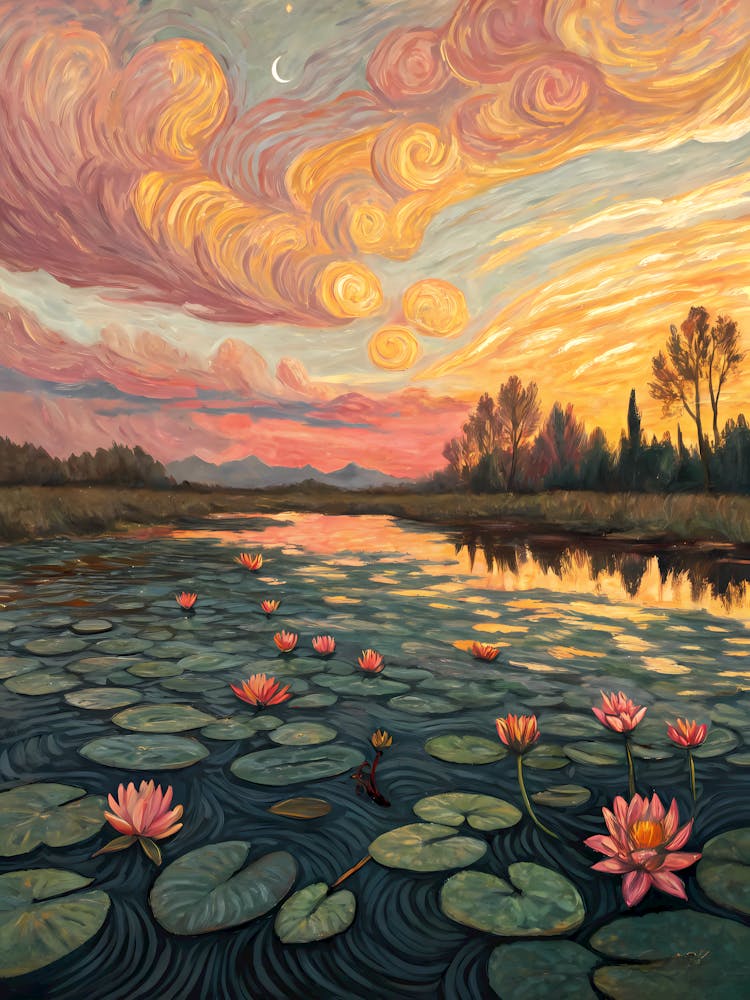 Van Gogh Lotus River Sunset Reflections & Swirling Sky