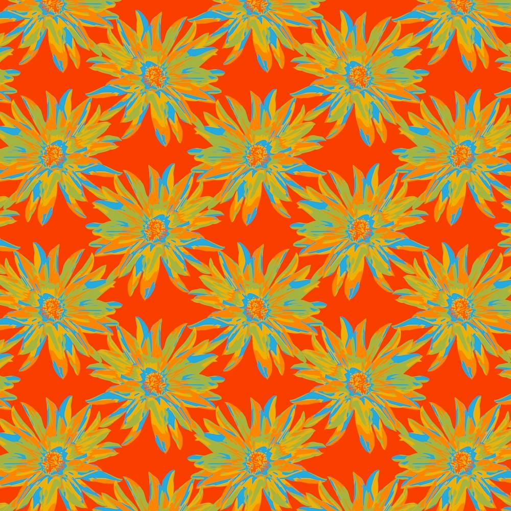 DAHLIA BURSTS Multi Abstract Blooming Floral Summer Bright Flowers in Orange Yellow Lime Green Blue on Coral Red