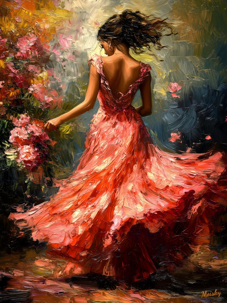 Woman In A Red Dress, Impressionist Oil Painting – Inspired by Claude Monet