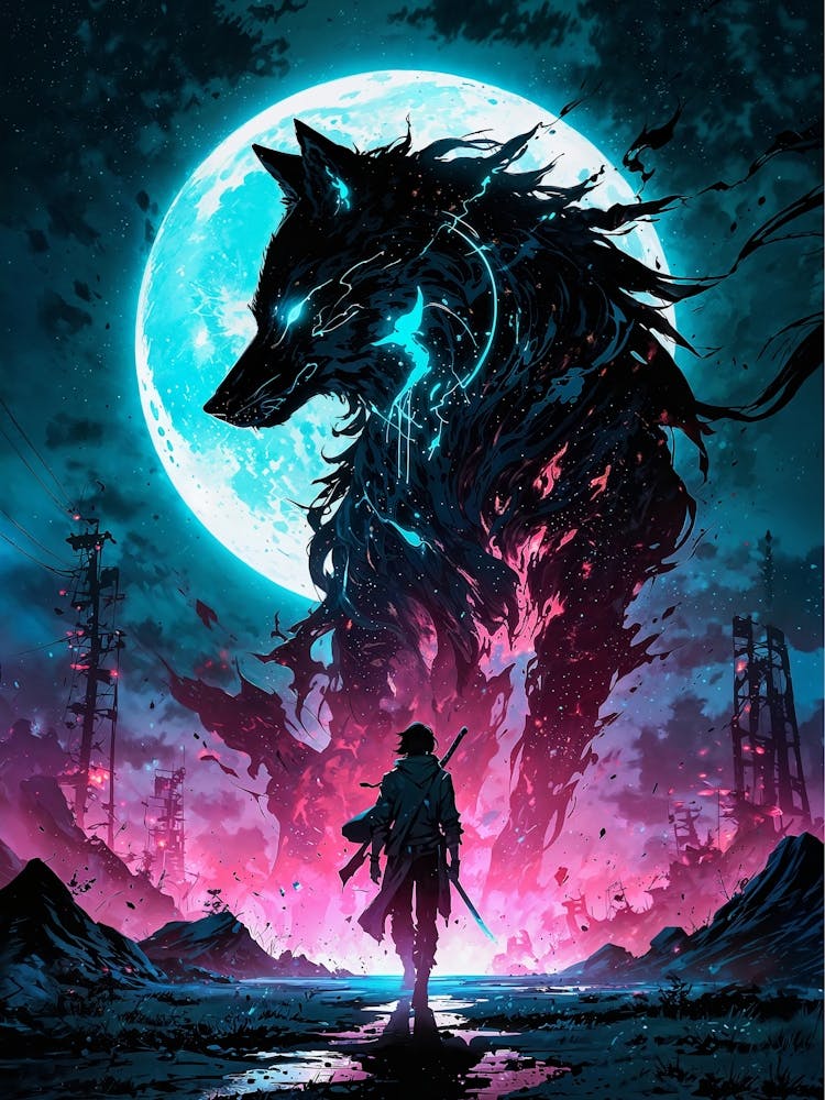 Epic Wolf Spirit & Warrior: A lone warrior stands in a desolate landscape, facing a colossal wolf-like spirit. The wolf is silhouetted against a vibrant blue moon, its form composed of swirling black energy with glowing blue accents. The warrior, clad in dark clothing, holds a sword and stares resolutely at the creature. The background is a mix of pink and purple hues, suggesting a post-apocalyptic or fantastical setting.