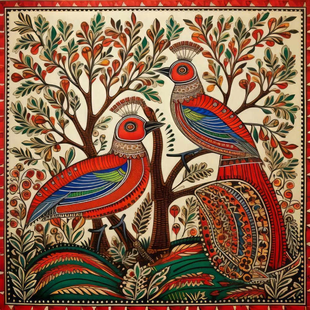 Peacocks In The Forest Madhubani Painting Indian Traditional Style