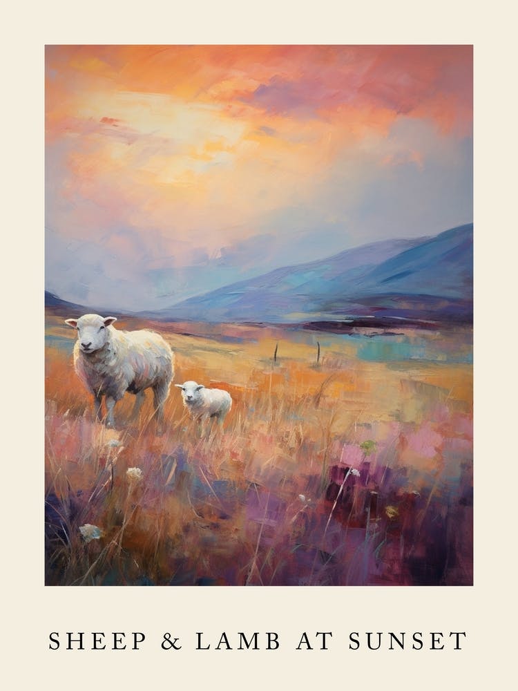 Sheep & Lamb At Sunset Impressionism Painting Style 1