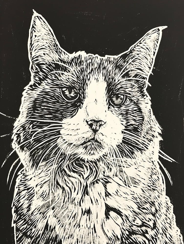 Selkirk Rex Cat Linocut Blockprint 4