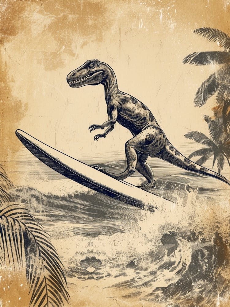Vintage Microraptor Dinosaur On A Surf Board 1