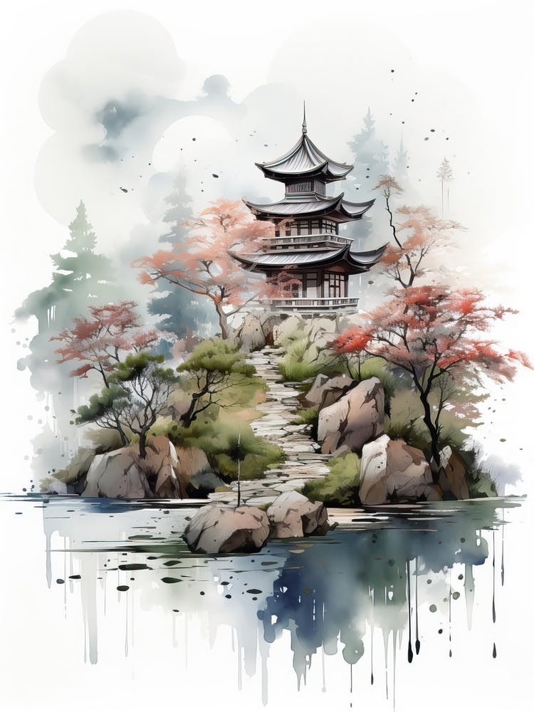 Chureito Pagoda In Yamanashi, Japanese Brush Painting, Ukiyo E, Minimal 2