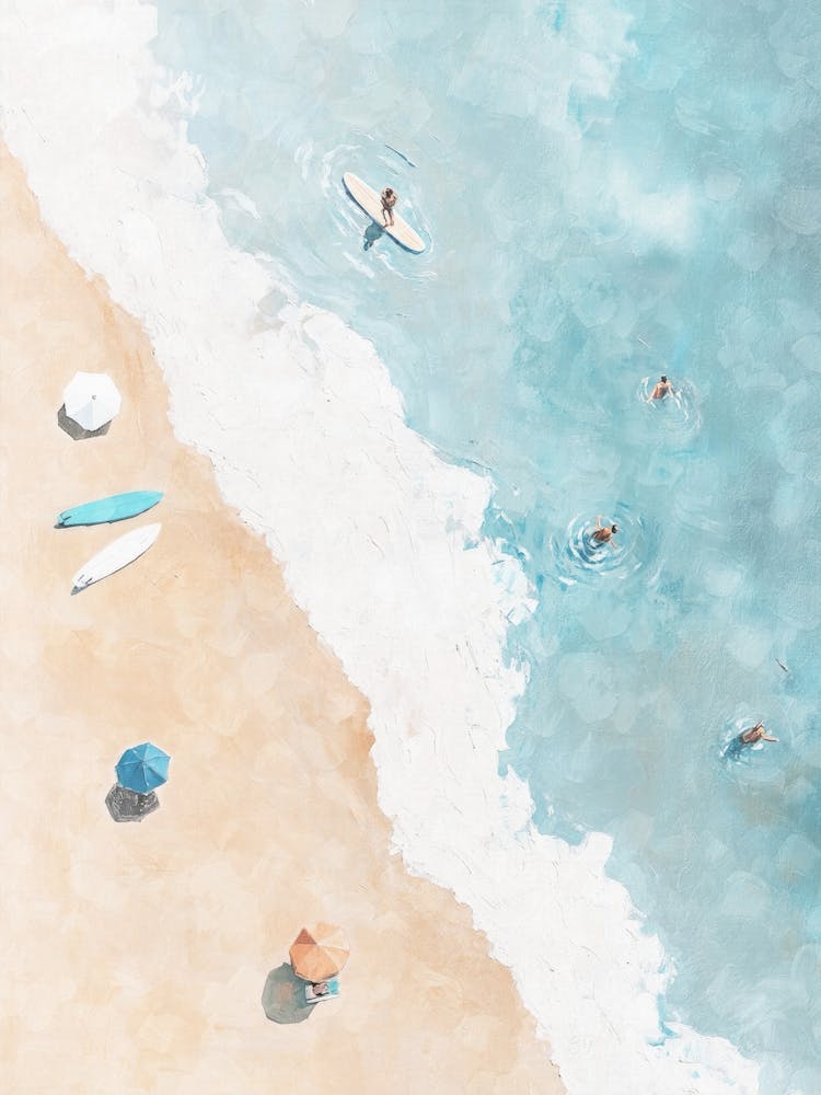 Aerial beach painting of swimmers and surfers in soft beige, blue, white with summer vibes – travel inspired coastal minimalist artwork of the ocean in the style of modern impressionism perfect for beach homes, bathrooms, living rooms, bedrooms, entryways