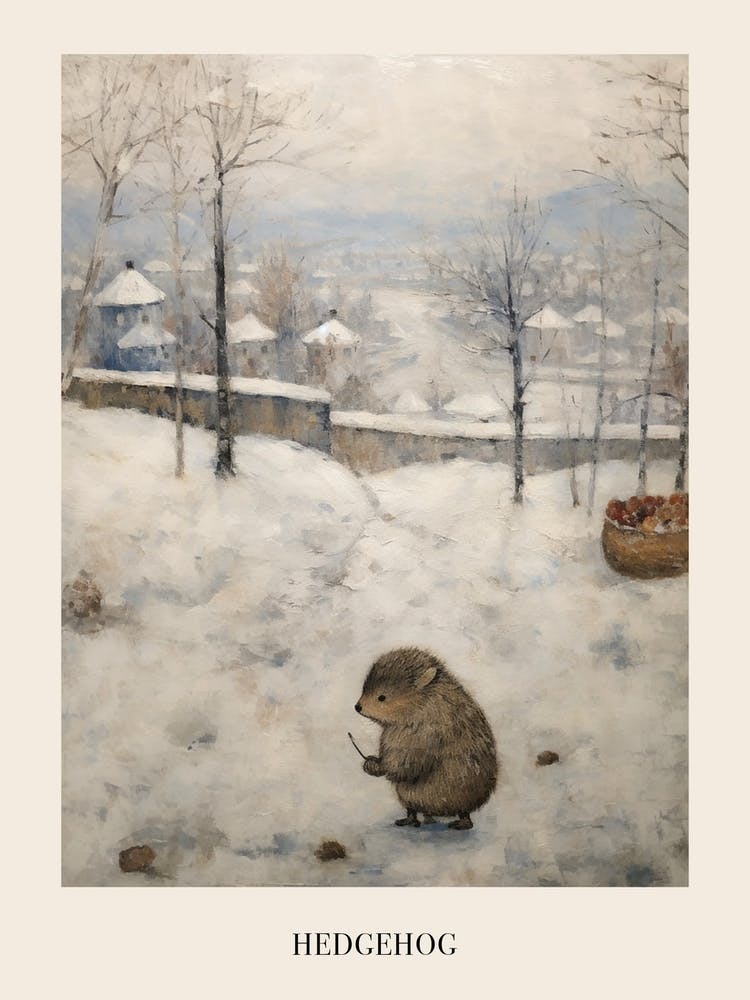 Vintage Winter Animal Painting Poster Hedgehog